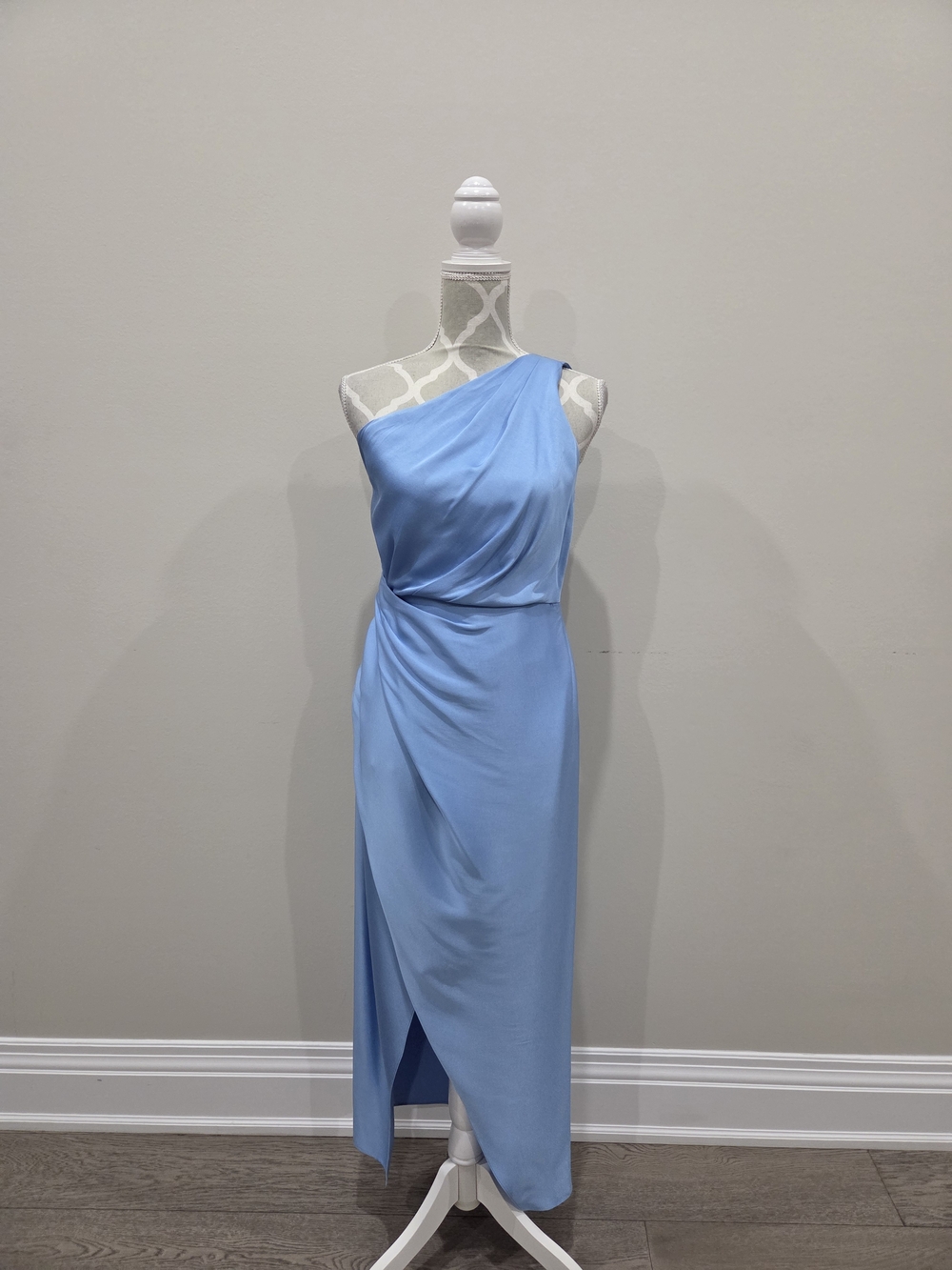 One-Shoulder Light Blue Draped Midi Dress